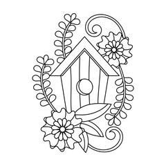 Wall Mural - Coloring page. Cute birdhouse and flowers. Coloring book for adults and children. Hand drawn Vector illustration .