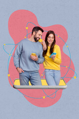 Poster - Collage 3d image of pinup pop retro sketch of smiling couple chatting twitter telegram facebook isolated painting background