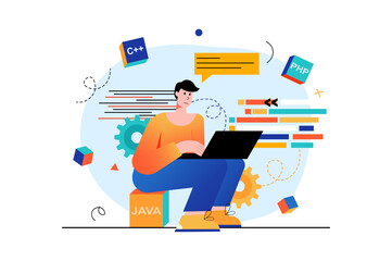Poster - Programming concept with people scene in the flat cartoon design. Programmer writes code for an application using one of the programming languages.