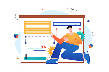 Aufkleber - Web design concept with people scene in the flat cartoon design. Man develops the design of one of the Internet pages.