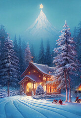 Wall Mural - Beautiful winter house and christmas tree on the mountain Generative AI Content by Midjourney