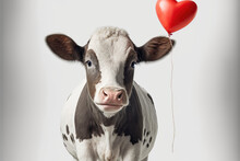 A Close-up Portrait Photo Of An Adorable Brown And White Cow Celebrating Valentine's Day With A Red Heart-shaped Balloon Isolated On White Background.