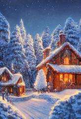 Wall Mural - Beautiful winter house and christmas tree on the mountain Generative AI Content by Midjourney