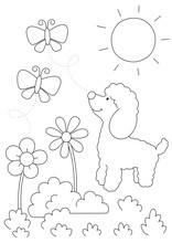Cute Poodle, Flowers And Butterflies, Easy Coloring Page That You Can Print On A4 Paper