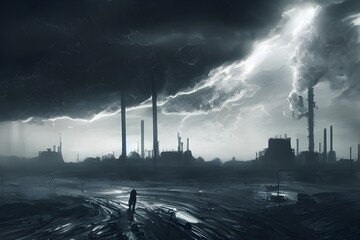 Wall Mural - A dramatic storm over a destroyed industrial landscape. 