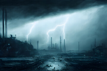 Wall Mural - A dramatic storm over a destroyed industrial landscape. 