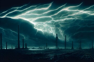 Wall Mural - A dramatic storm over a destroyed industrial landscape. 