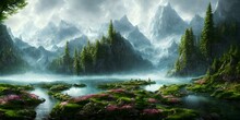 A Mountain Landscape With A River Running Through It, Remarkable Concept Wallpaper Background. Digital Cg Illustration. Generative AI