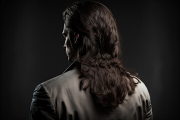 rear view of dark brown long hair of a young man, ai generated