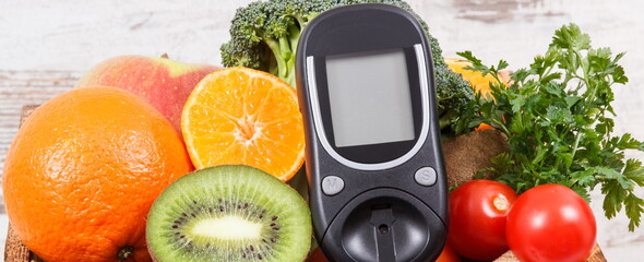 Wall Mural - Glucose meter and fresh fruits with vegetables. Checking sugar level, diabetes, healthy lifestyles and nutrition