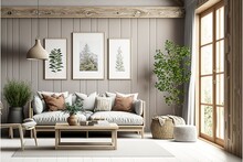 Interior Of A Beige Living Room Decorated In A Scandinavian Farmhouse Style With Natural Wood Furnishings. Wall Background Mockup. Illustration
