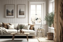 Interior Of A Beige Living Room Decorated In A Scandinavian Farmhouse Style With Natural Wood Furnishings. Wall Background Mockup. Illustration