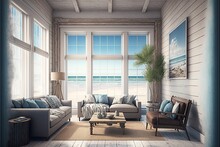 Large Living Room With A Sea View In A Lavish Summer Beach Home With No Furniture. Interior Of A Holiday House Or Villa