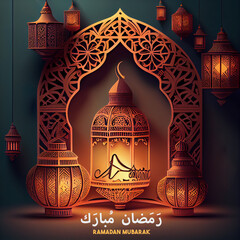 Wall Mural - 3d modern Islamic holiday banner, suitable for Ramadan, Raya Hari, Eid al Adha and Mawlid. A lit up lantern and crescent moon decor on serene evening background. Generating Ai.