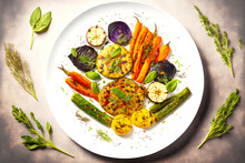 A Masterful Combination Of Grilled Vegetables, Artfully Served On A White Plate