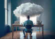 A person sitting at a desk with a computer with a cloud over his head, symbolizing the integration of cloud computing into daily life. Generative AI illustration