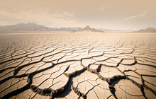 Dried Lake Bed Surface With Cracked Soil, Barren Landscape, Climate Change Concept. Generative AI Illustration