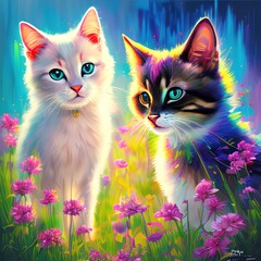 detailed beautiful painting of two cats in the grass 