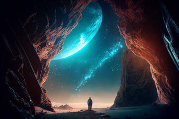 Wall Mural - surreal sci-fi landscape at night with mountains, stars and planet. abstract space background. digit