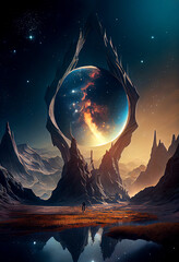 Wall Mural - surreal sci-fi landscape at night with mountains, stars and planet. abstract space background. digit