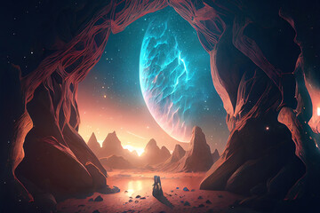 Wall Mural - surreal sci-fi landscape at night with mountains, stars and planet. abstract space background. digit