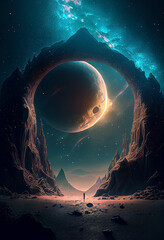 Wall Mural - surreal sci-fi landscape at night with mountains, stars and planet. abstract space background. digit