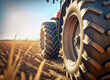 Closeup of a tractor out on a field. AI generated illustration.