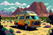 Pixel Art Hippie Van On Desert Road, Background In Retro Style For 8 Bit Game, Generative AI