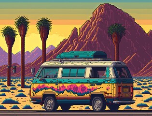 Pixel art hippie van on desert road, background in retro style for 8 bit game, Generative AI