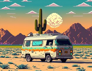 Pixel art hippie van on desert road, background in retro style for 8 bit game, Generative AI