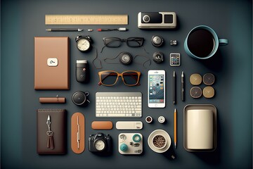 Creator, designer asset elements, top view, knolling items. Generative Ai