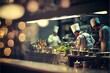 Professional kitchen with chefs cooking, restaurant kitchen with beautiful lights and delicious food