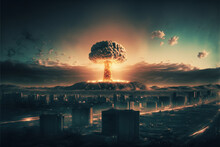 Atomic Bomb Over A City With Mushroom Cloud In The Distance. Giant Nuke Explosion Blast. Nuclear War Danger. WW3 Danger Illustration. Ai Generated