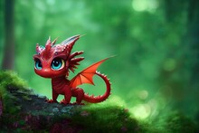 Colorful Red Baby Dragon In A Modern 3D Animation Style. Cute And Adorable Mythical Creature Made With Generative AI Assistance
