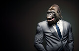Aggressive huge laughing gorilla, dressed up like business man. Great ape in an expensive grey business suit, blue tie on dark background. Primate confidently, laughs and looks back.  generative ai