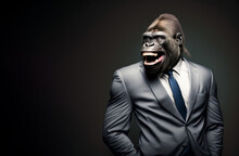 Aggressive Huge Laughing Gorilla, Dressed Up Like Business Man. Great Ape In An Expensive Grey Business Suit, Blue Tie On Dark Background. Primate Confidently, Laughs And Looks Back.  Generative Ai