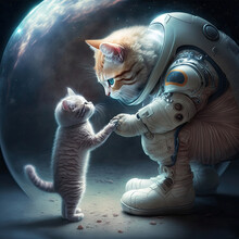 A Cat Dressed As An Astronaut Flew To The Planet For A Small Kitten And Holds It By The Paw