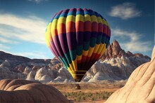  A Large Colorful Hot Air Balloon Flying Over A Mountain Range In The Sky With A Mountain Range In The Background And A Blue Sky With Clouds.  Generative Ai