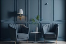  A Blue Room With Two Chairs And A Table With A Vase On It And A Lamp On The Side Table Next To It, And A Blue Wall With A Plant In The Corner.  Generative Ai
