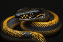  A Black And Yellow Snake With Yellow Stripes On Its Head And Neck, With A Black Background And A Black Background With A Yellow Stripe.  Generative Ai