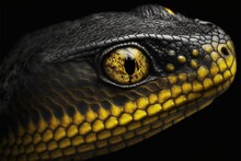  A Close Up Of A Yellow And Black Snake's Eye With A Black Background And A Black Background With A Black Background And A Yellow Snake's Eye.  Generative Ai