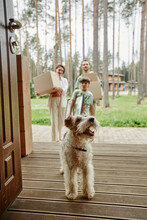 Vertical Portrait Of Cute Little Dog Walking Into New Home With Family