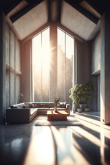 Modern design living room interior with huge concrete walls and windows. Designed using generative ai.