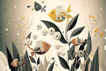  A Painting Of A Group Of Fish In A Sea Of Plants And Flowers With Bubbles Of Water On The Bottom Of The Image And A Yellow Fish In The Middle.  Generative Ai