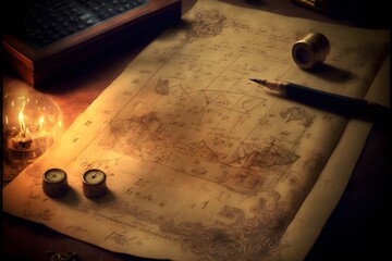 an old parchment scrawled with calculations and mathematical sketches on a very old desk fantasy 