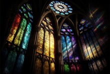  A Large Cathedral With Many Different Colored Windows In It's Architecture And A Clock On The Side Of The Building And A Clock On The Wall.  Generative Ai