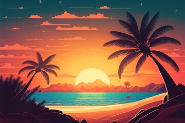 Wall Mural - Evening on the beach with palm trees. An evening on the beach with palm trees. Colorful picture for rest. Blue palm trees at sunset. Generative AI
