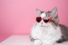 Cute Funny Cat In Red Heart Shaped Sunglasses Sits On A Pink Background. Postcard With Cat With Space For Text. Concept Valentine's Day, Wedding, Women's Day, Birthday