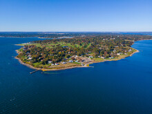 Aerial View Of Warwick Point Including Warwick Lighthouse In City Of Warwick, Rhode Island RI, USA. 