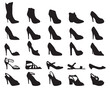 Black silhouettes of female shoes, sandals and boots on a white background